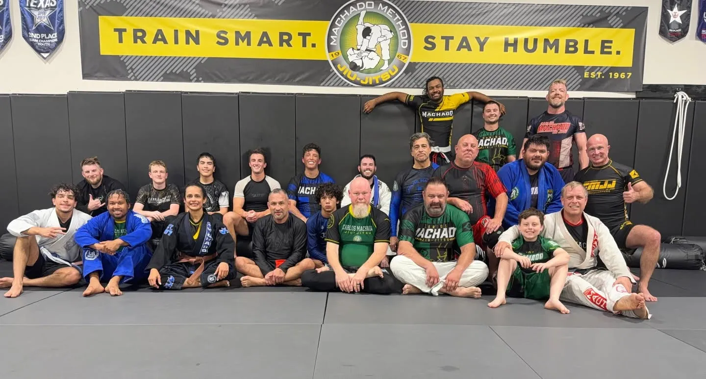 The Machado Method academy — kids, teens, and adults of all belt ranks gathered on the mat in Carrollton, TX