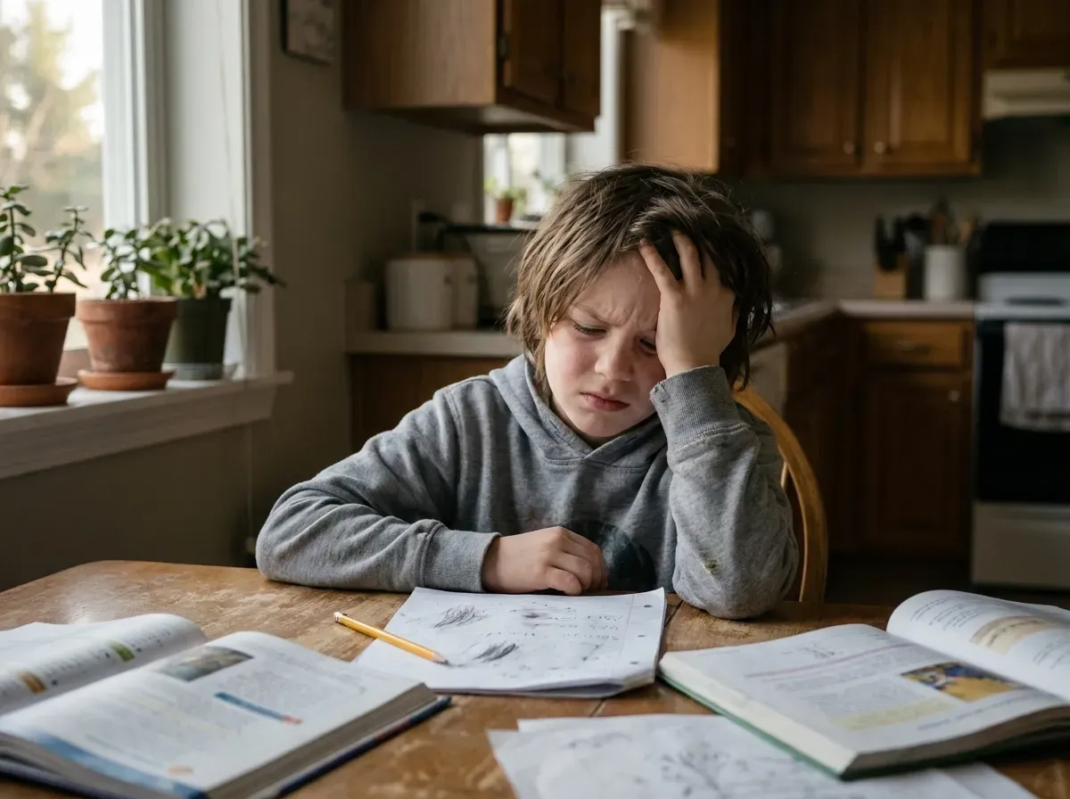 A frustrated child struggling to focus on homework at the kitchen table
