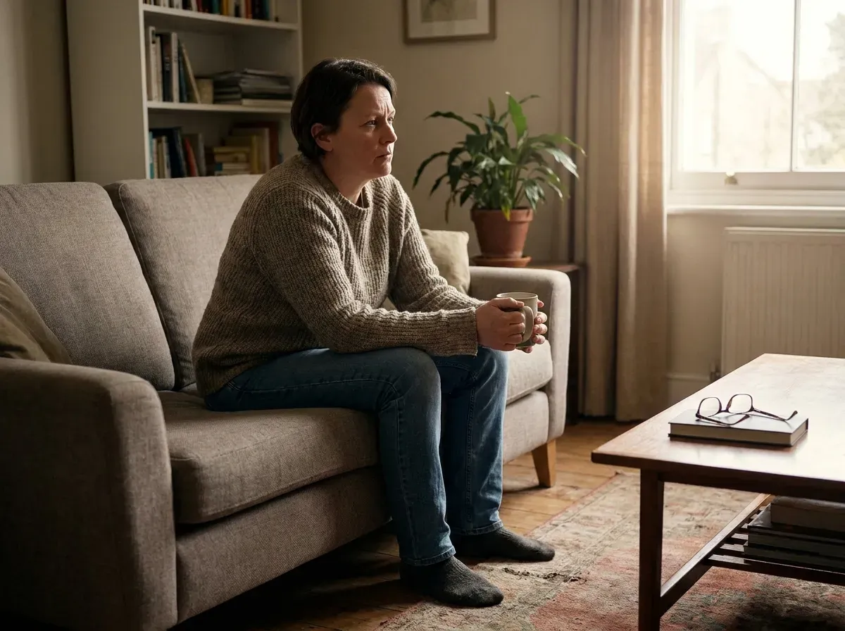 A parent sitting at home, looking concerned and lost in thought